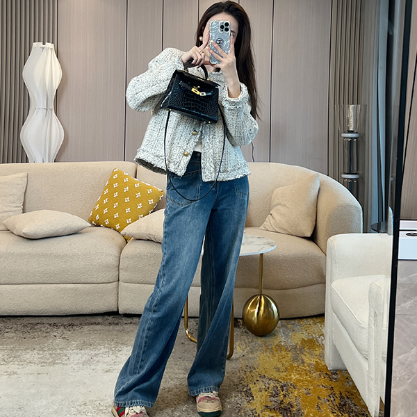 双口袋微喇秋季高腰牛仔裤女宽松显瘦阔腿裤k-10086