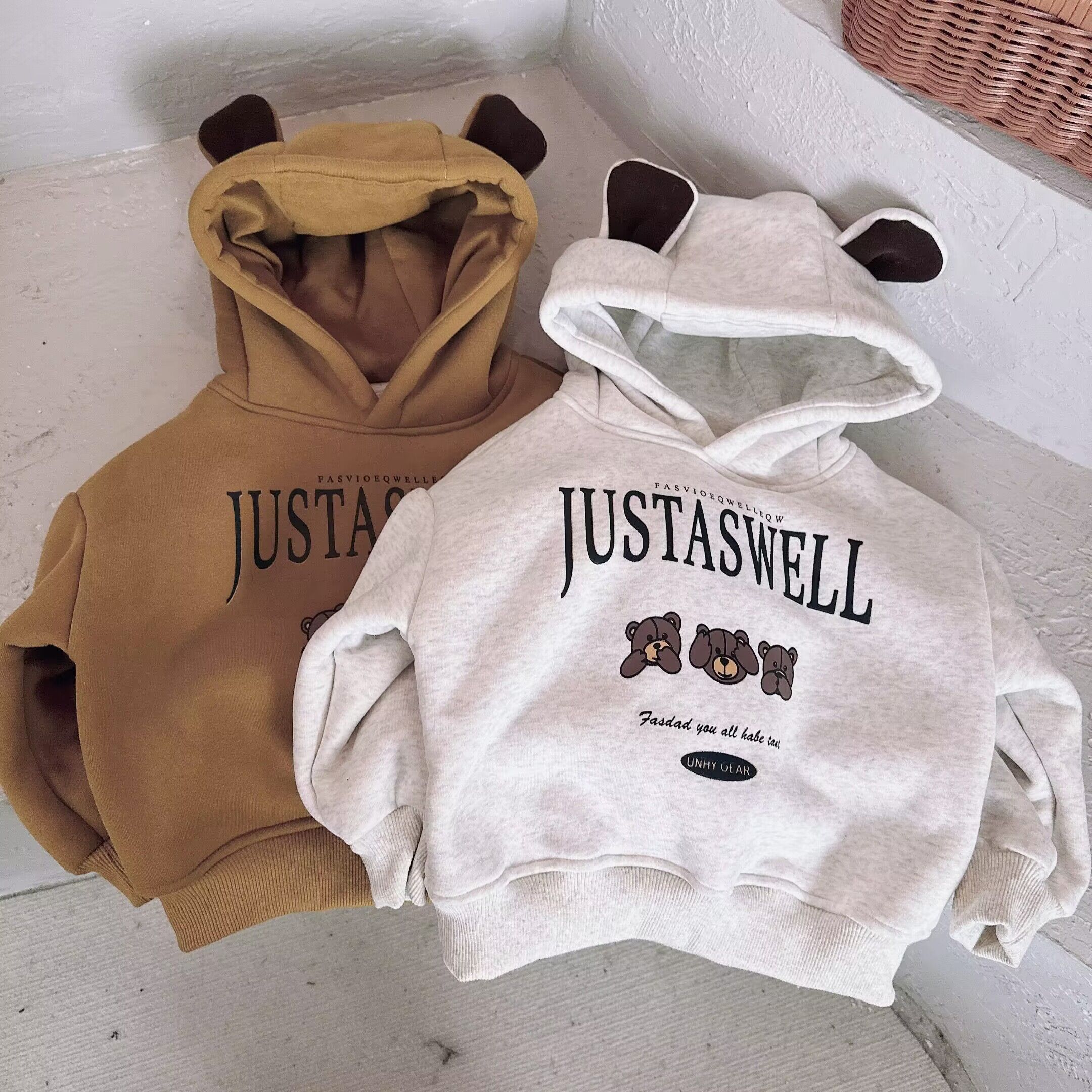 【MM】KE074 2023冬季儿童加绒小熊耳朵字母连帽卫衣保暖韩版宝宝