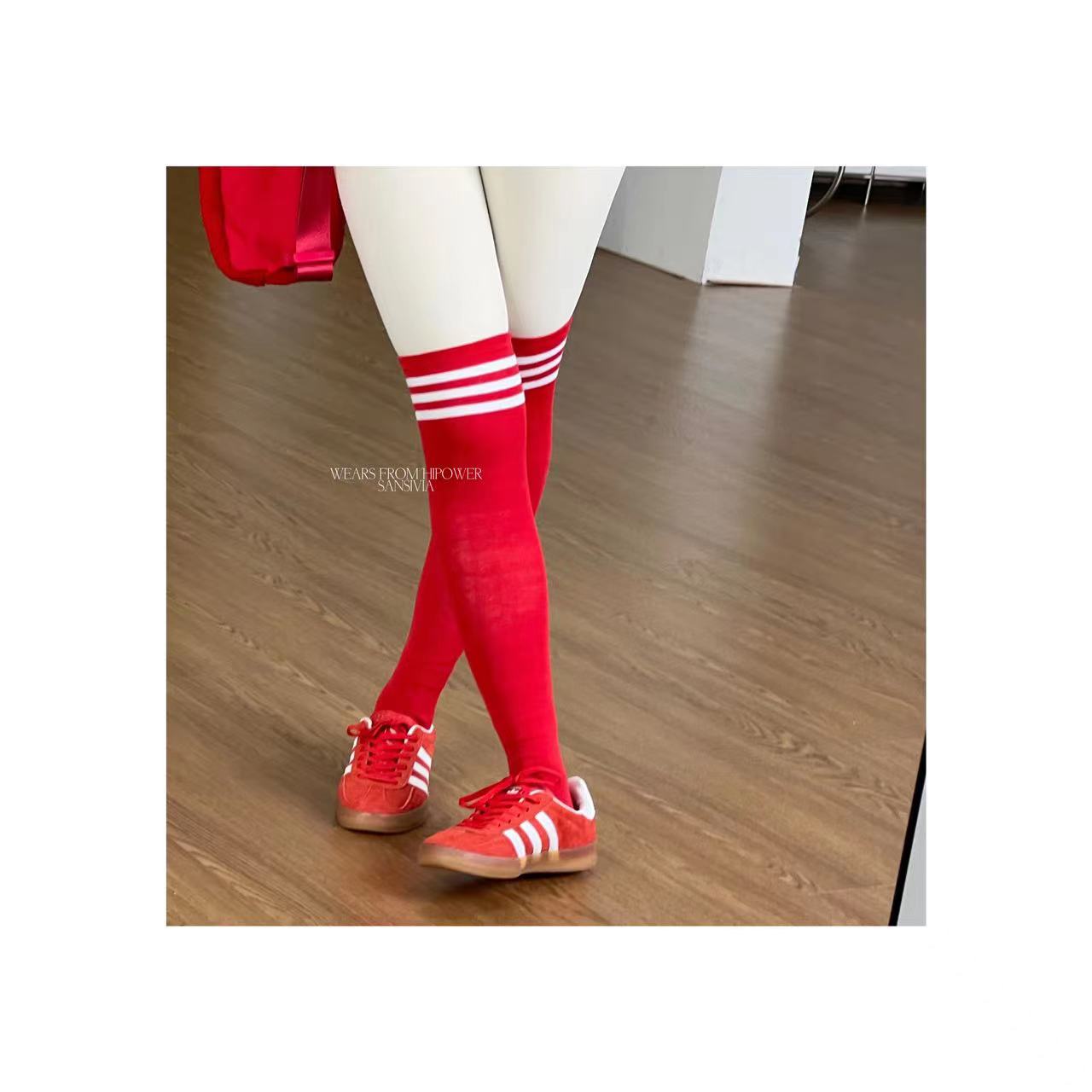 三道杠过膝袜运动健身瑜伽高筒棉跑步训练休闲百搭袜子女