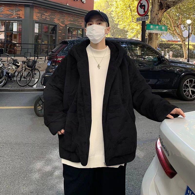 加厚冬季双面毛绒保暖棉袄连帽宽松外套法兰绒软糯慵懒百搭开衫男