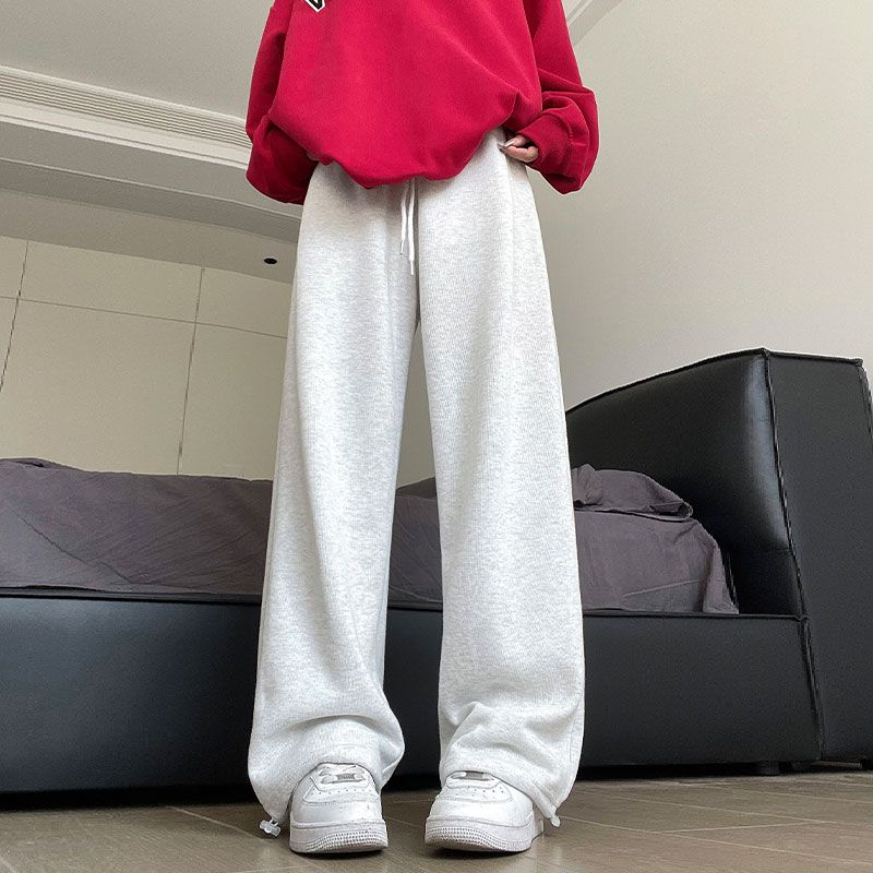 灰色运动裤女宽松束脚秋冬2023新款直筒阔腿美式加绒休闲显瘦卫裤