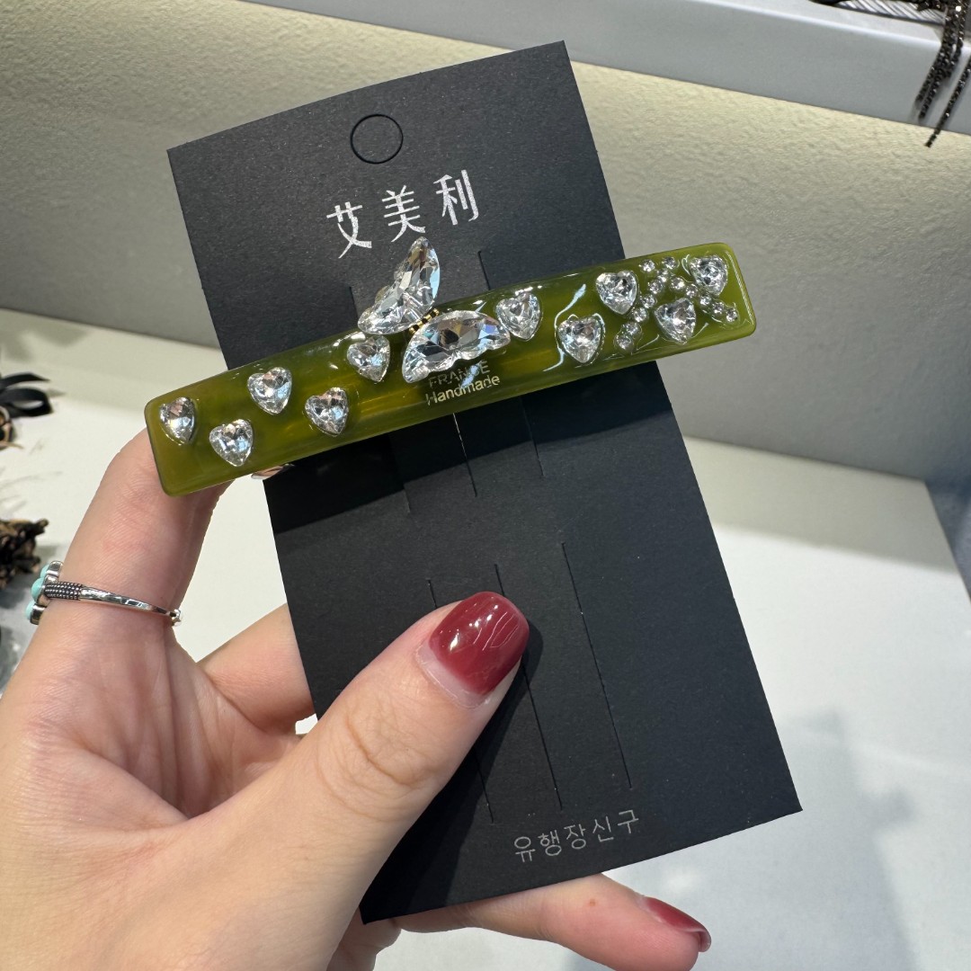 立体蝴蝶结镶钻爱心绿色一字弹簧夹