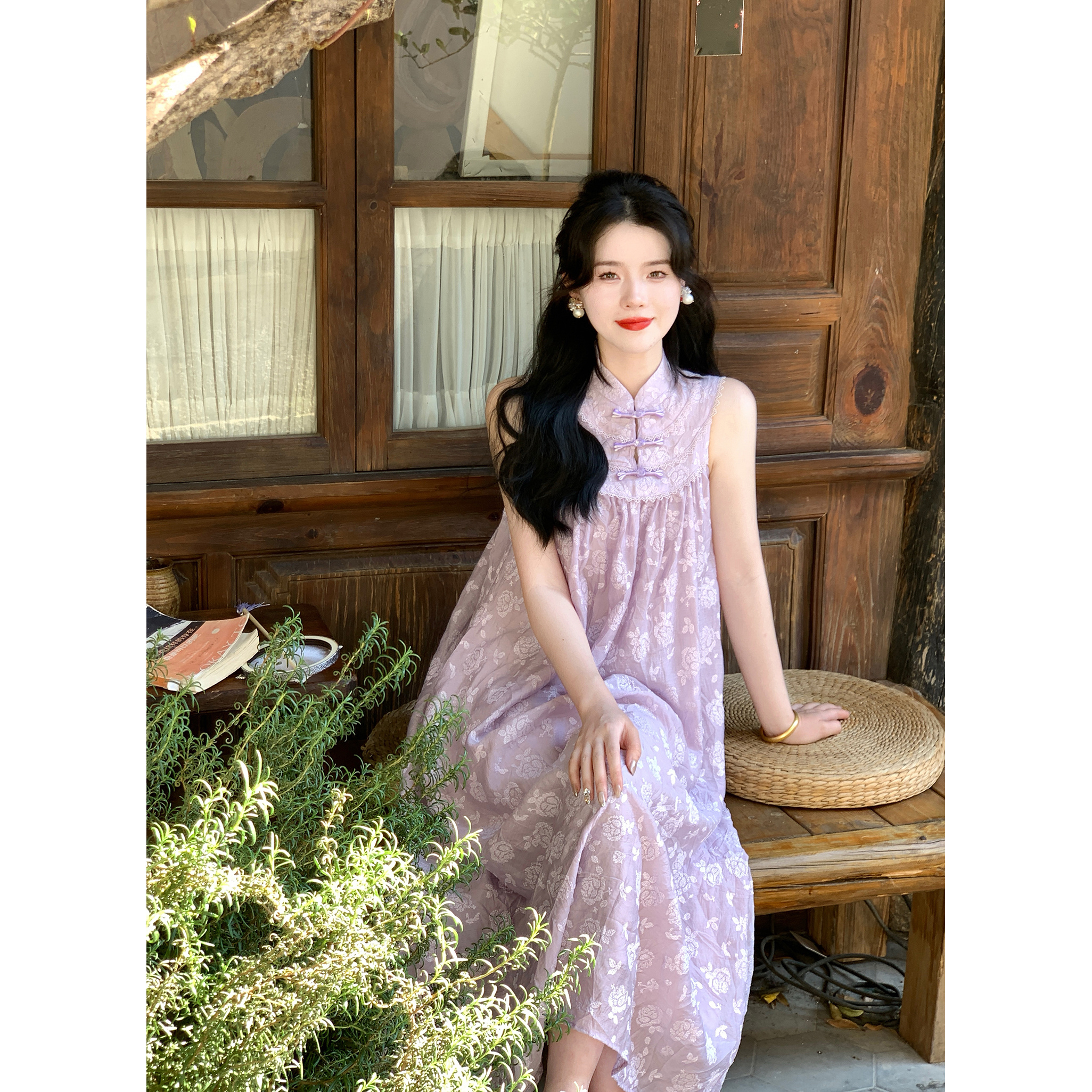 【春节倾仓】《夏日的紫》玫瑰十字绣新中式领盘扣挂脖连衣裙茶歇长裙