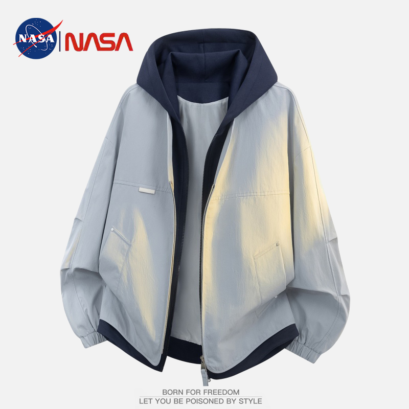 NASA联名美式假两件连帽外套春秋季新款男士潮牌宽松大码休闲夹克