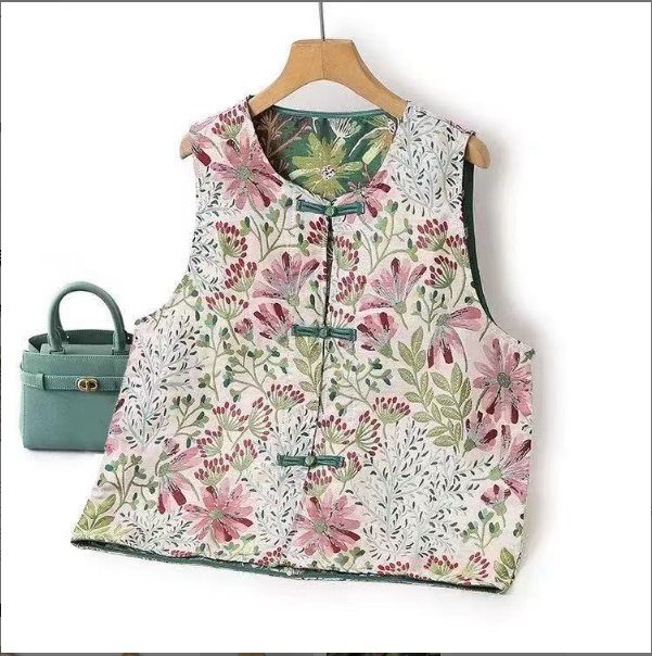 M12花枝锦马甲新中式国风唐装女士坎肩外套复古绘画马甲