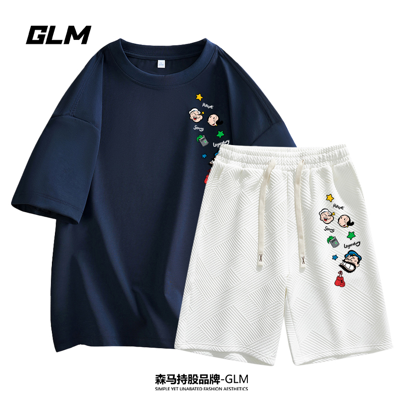 大力水手联名GLM【休闲套装】纯棉短袖T恤青少年百搭五分裤大码上衣