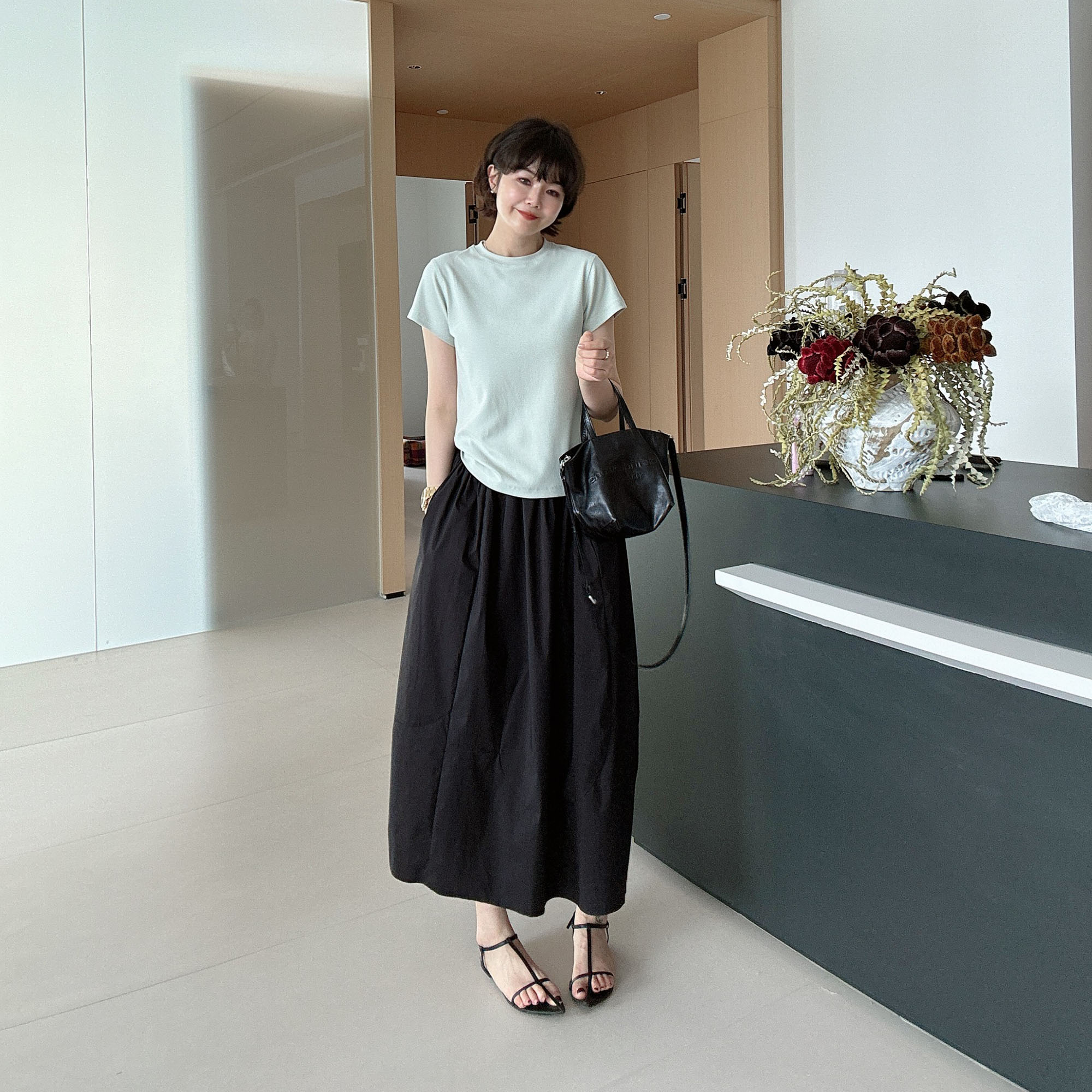 春夏简约设计感松紧腰高腰中长款斜边半身裙