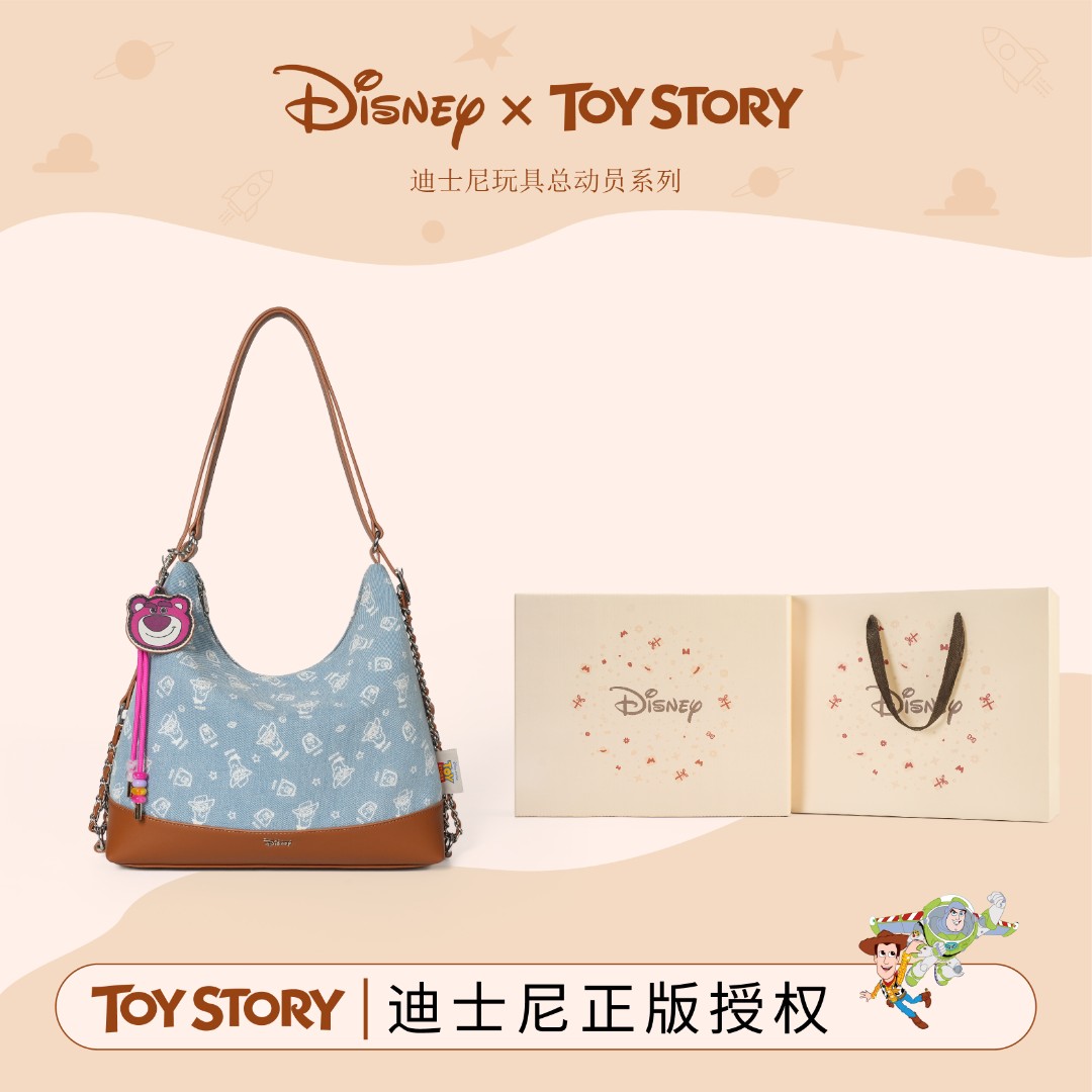 Disney/迪士尼夏季新款时尚百搭复古牛仔印花女士单肩斜挎手提包