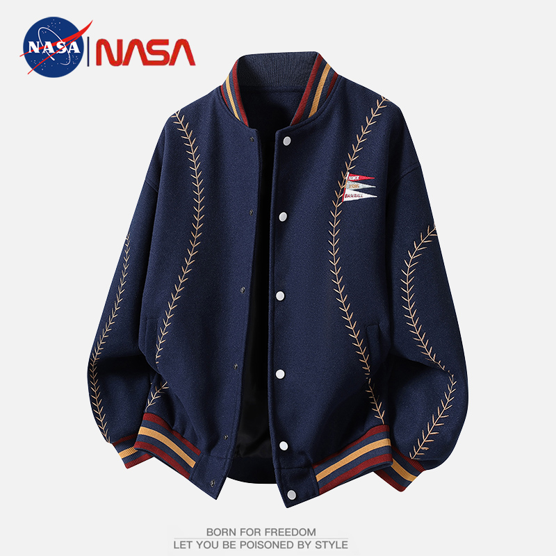 NASA联名春秋季新款美式刺绣棒球服夹克男士潮牌宽松时尚毛呢外套