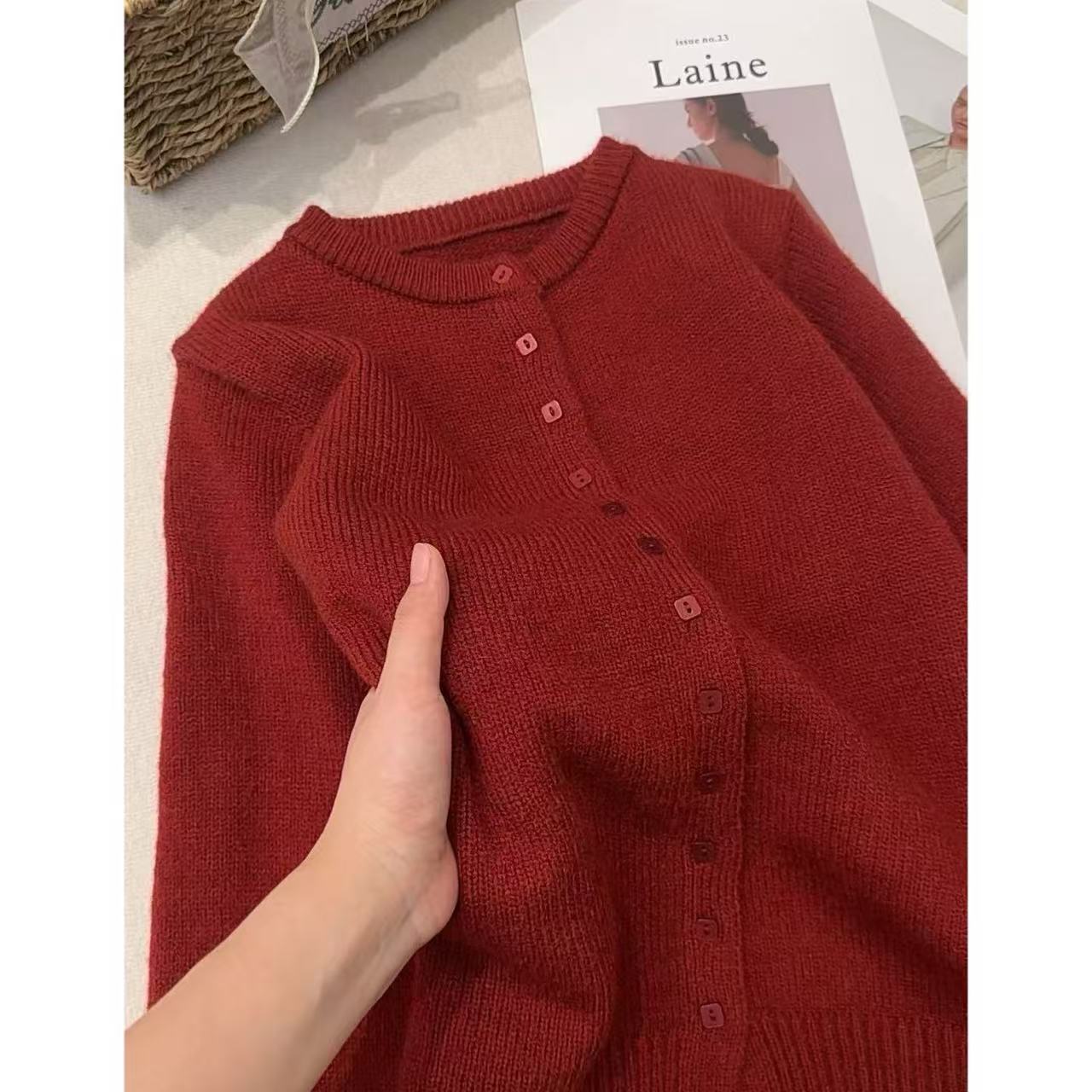 【小方扣开衫红】长袖百搭红色宽松纯色圆领开衫