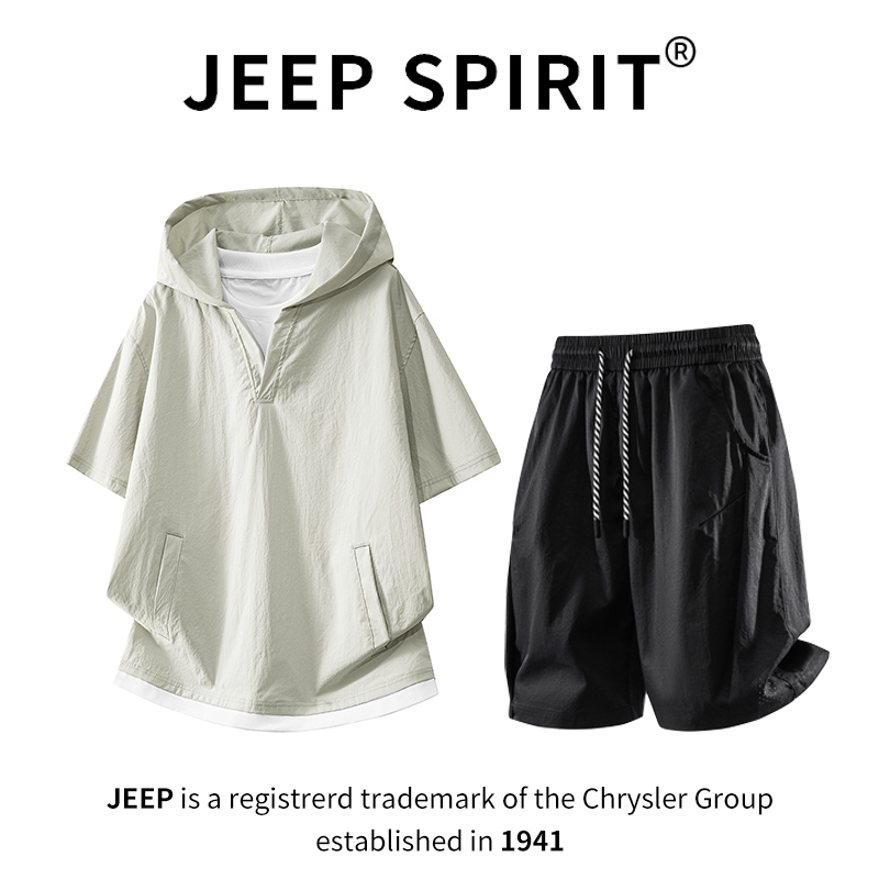 JEEPSPIRIT吉普假两件连帽短袖T恤短裤套装男士夏季薄款运动一套