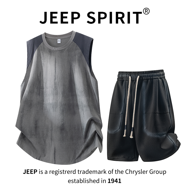 JEEPSPIRIT吉普美式背心短裤套装男夏季宽松大码无袖T恤运动休闲