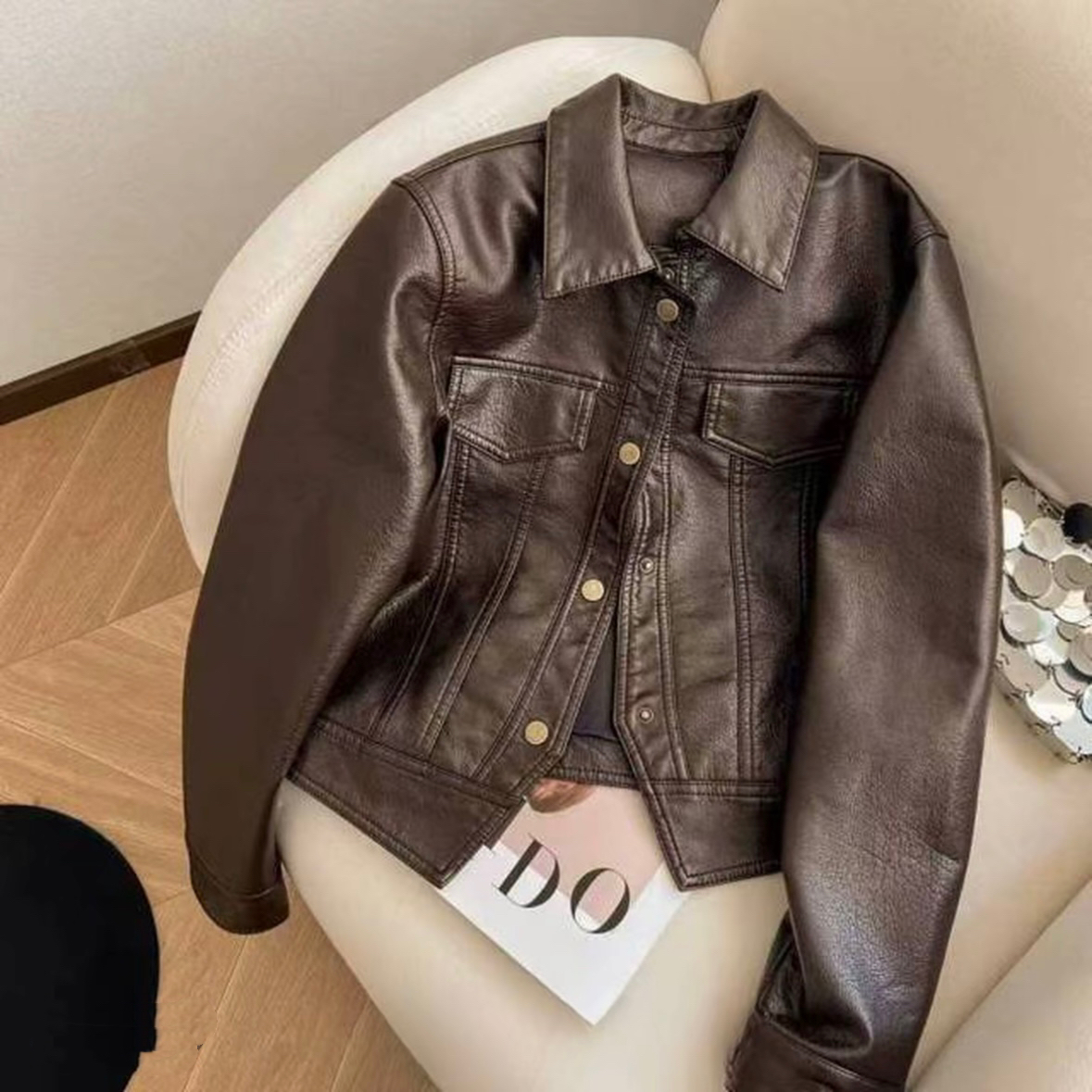 【海宁原产】奢感格调！复古港风机车秋冬新款皮衣女夹克外套549