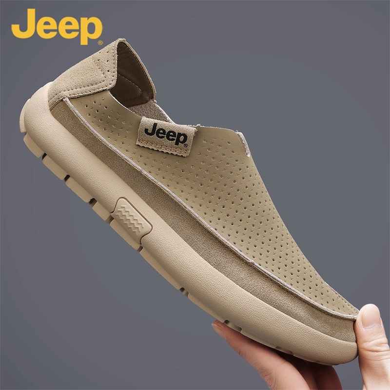 JEEP/吉普男鞋夏季新款透气打孔皮面真皮鞋日常休闲健步鞋增高鞋