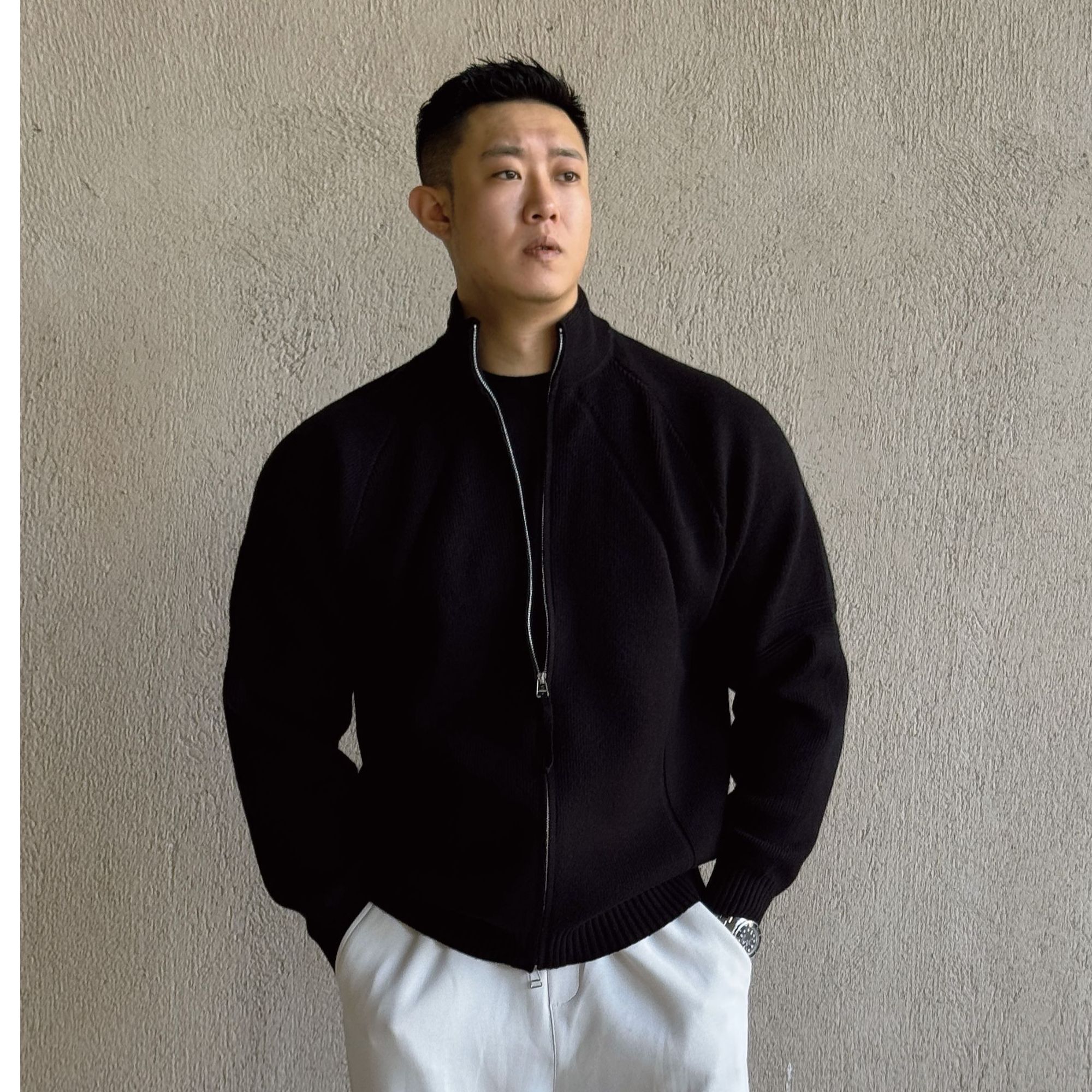 【大壮专属】秋季卫衣男款立领开衫拼接纯色宽松百搭长袖外套D25609