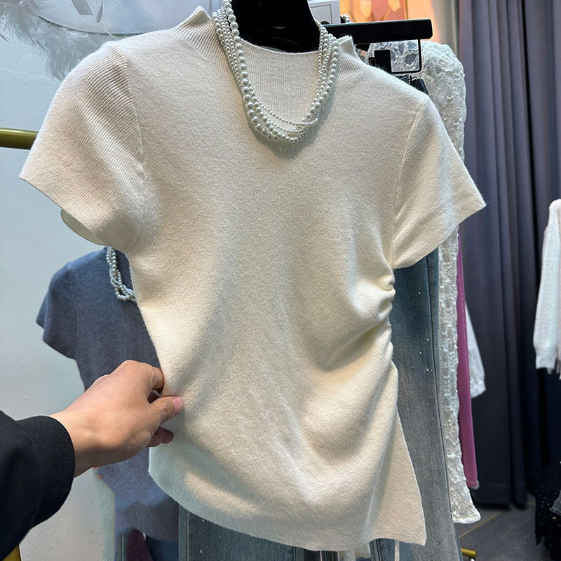 线下69，短袖立领休闲风毛针织衫纯色侧边抽绳显瘦简约时尚女装