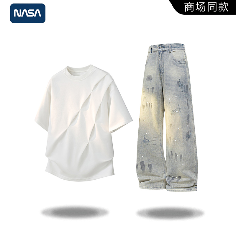 NASA 美式立体斜褶拼接短袖T恤男春夏潮牌宽松高街痞帅休闲两件套