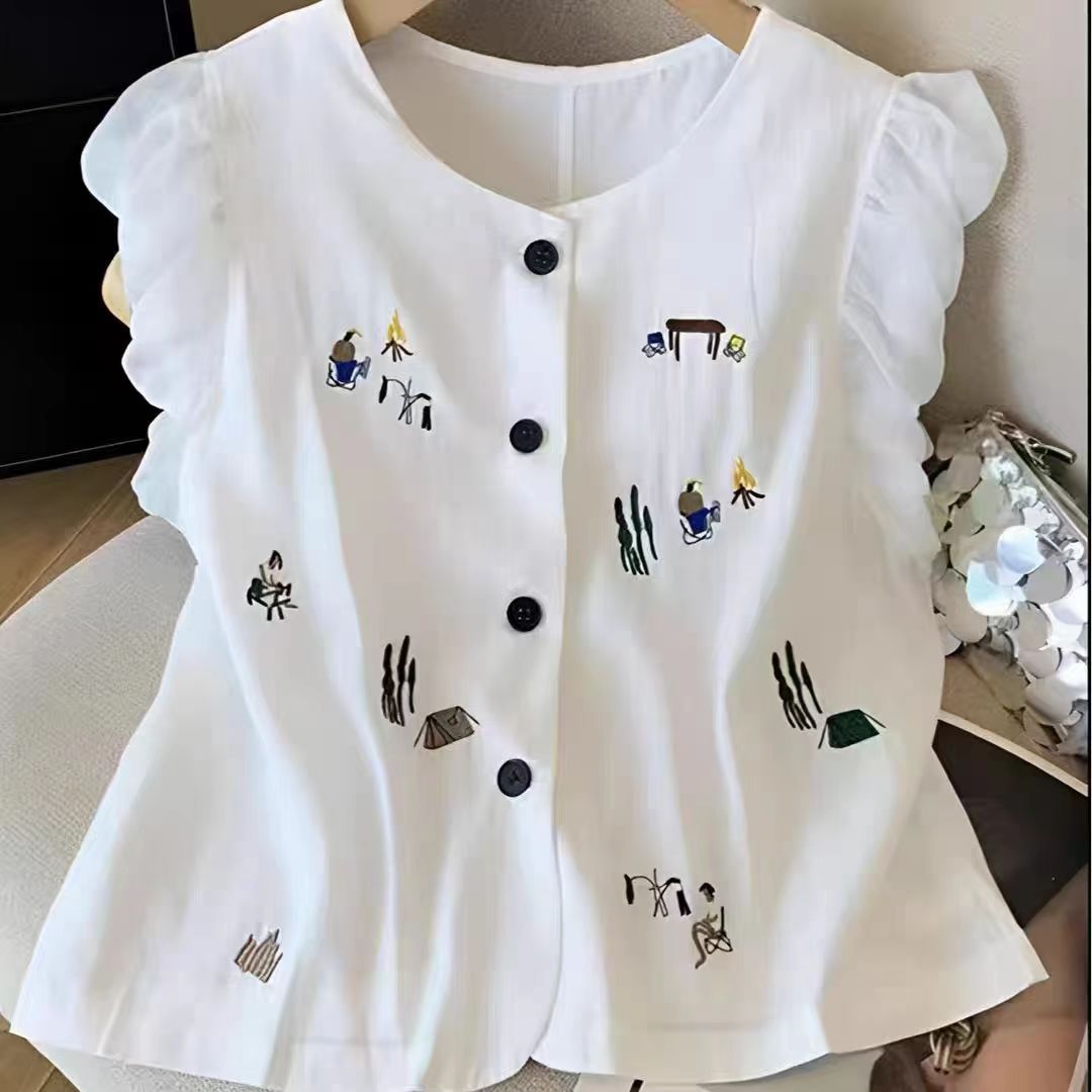 韩系卡通刺绣图案飞飞袖衬衫2025夏季新款时尚洋气减龄上衣百搭