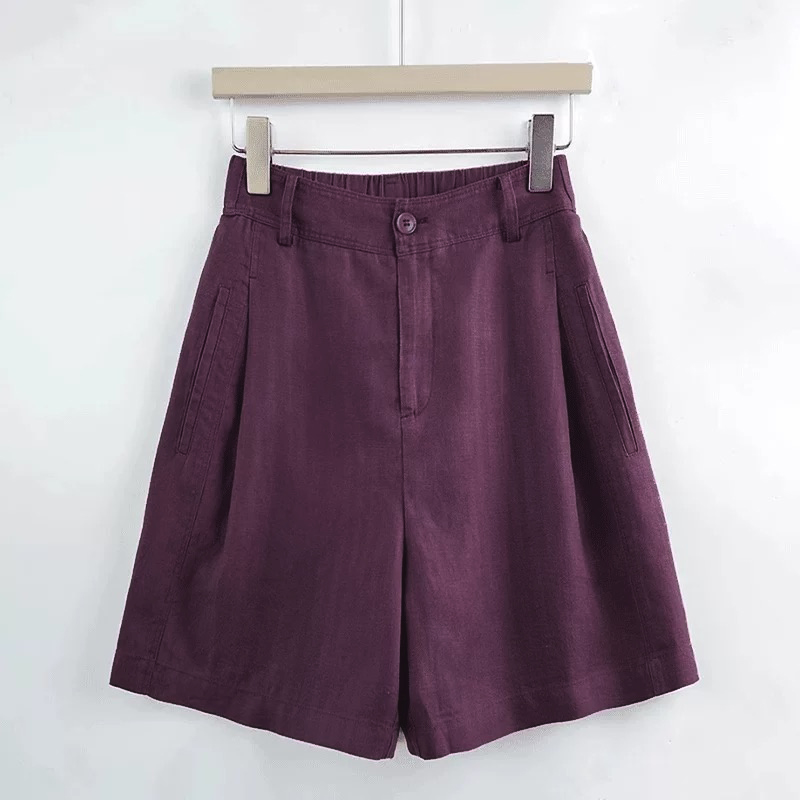 B 门店45&9！乌梅紫短裤」莱赛尔天丝亚麻透气高腰休闲阔腿裤C22954
