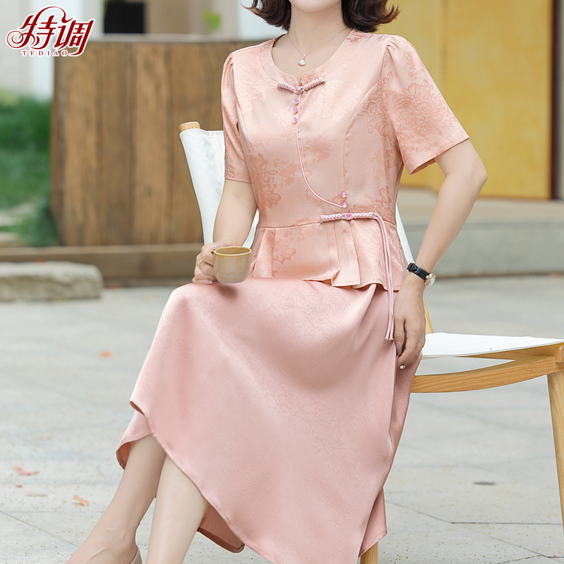 夏季妈妈连衣裙女中老年气质新中式短袖裙子中长款50岁时尚中股份