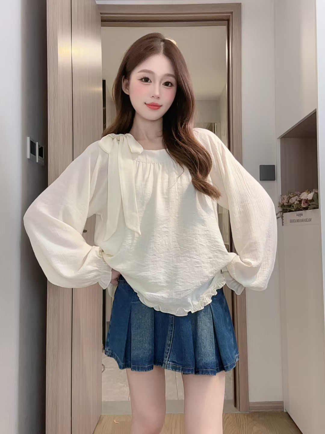 夏秋甜美系带蝴蝶结下摆木耳边韩系减龄小衫上衣