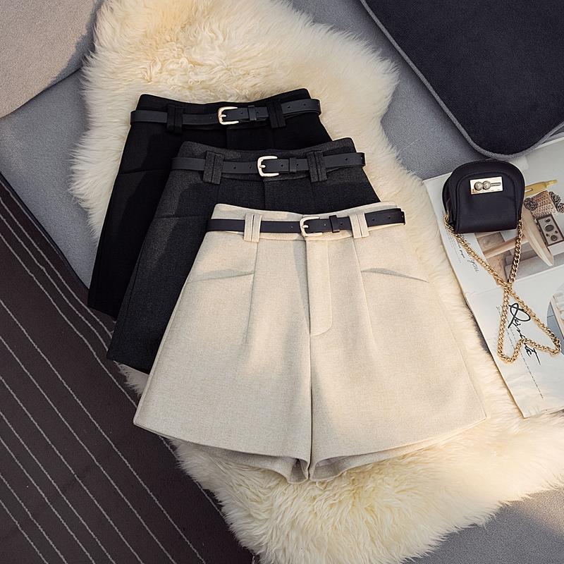 秋冬穿搭毛呢西装口袋短裤女2023秋冬高腰A字阔腿裤显瘦宽松打底