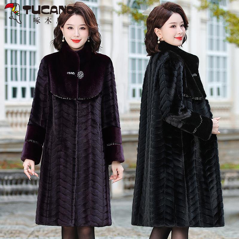 啄木鸟中老年女装冬装水仿貂绒仿仿皮草外套加厚保暖上衣妈妈装老