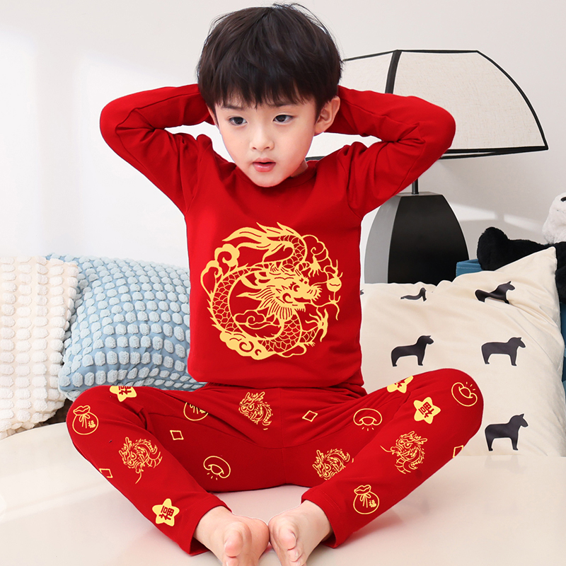 儿童卡通红色睡衣男童纯棉长袖春秋本命年新年龙年男孩家居服睡衣