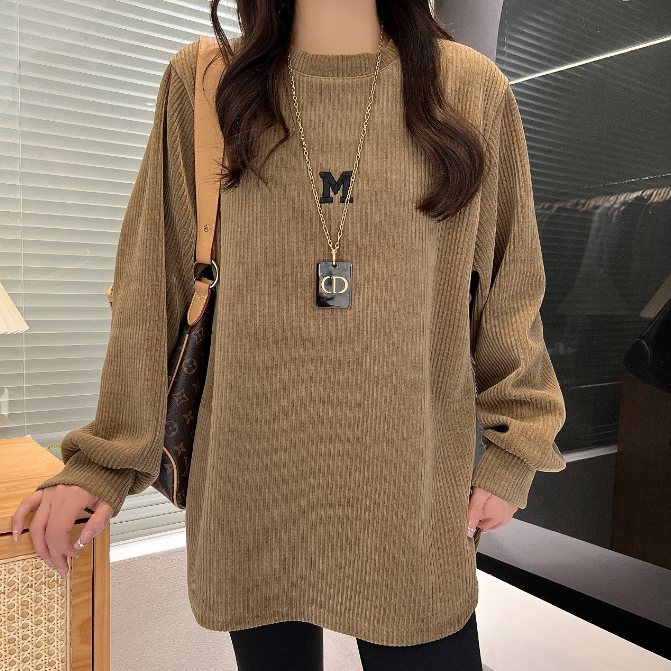 姿风格-韩版秋冬宽松字母刺绣坑条纹加厚中长款长袖上衣32244