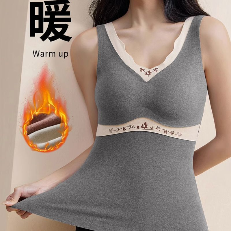 亲肤无痕裸感保暖背心女士大码加绒双面绒秋冬内穿带胸垫贴身打底