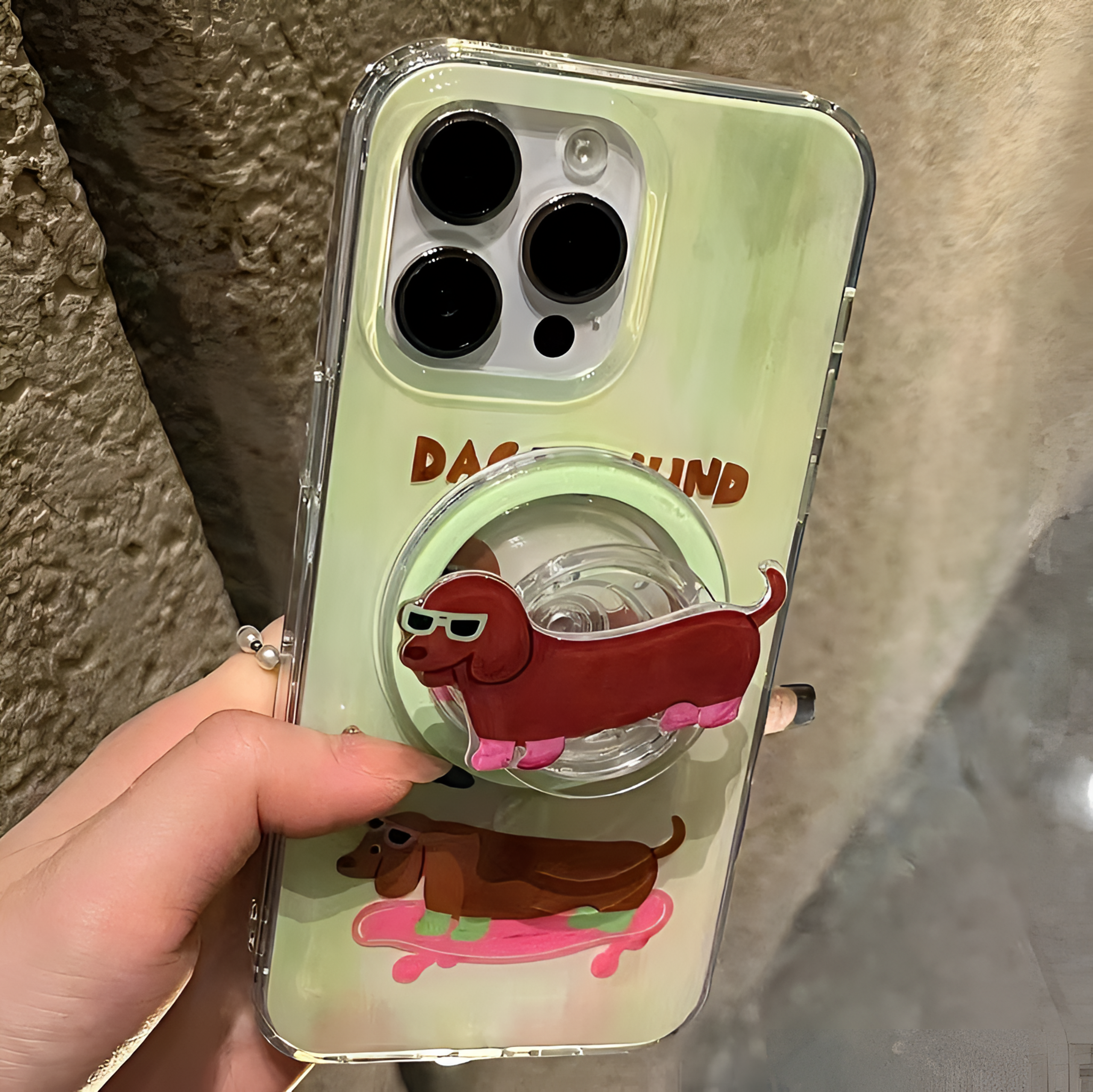 小清新薄荷绿墨镜腊肠狗磁吸支架适用于iPhone15promax手机壳少女