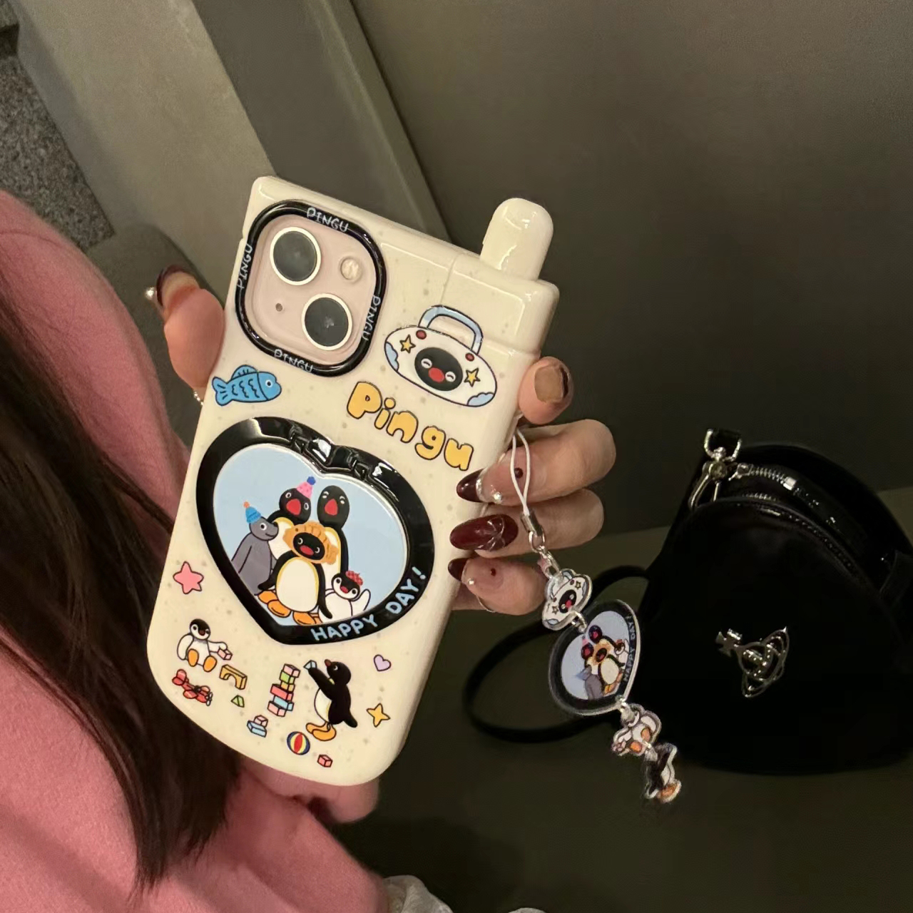 ins日韩可爱卡通企鹅大哥大翻盖爱心化妆镜适用于iPhone15手机壳