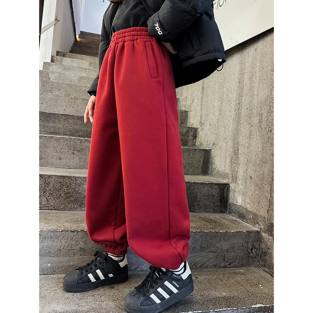 红色直筒女童加绒运动卫裤秋冬款2023新款女孩童装休闲长裤裤子潮