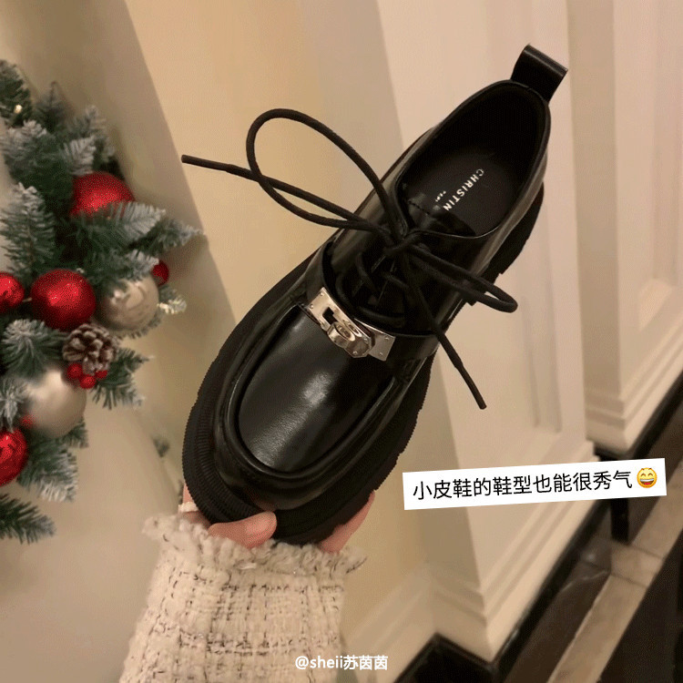 苏茵茵同款2023春季新款锁扣圆头松糕厚底真皮小皮鞋女乐福单鞋