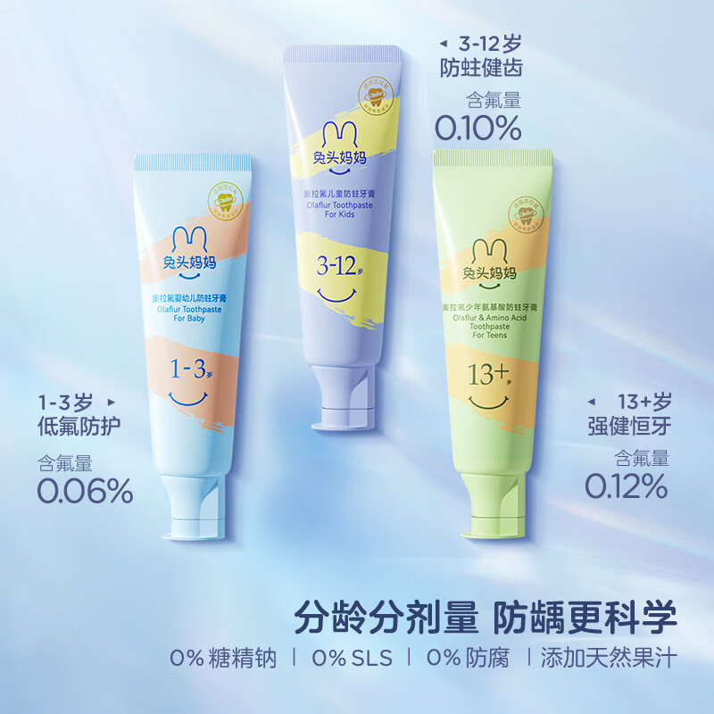 兔头妈妈儿童分龄奥拉氟牙膏低氟婴幼儿宝宝预防龋齿牙膏草
