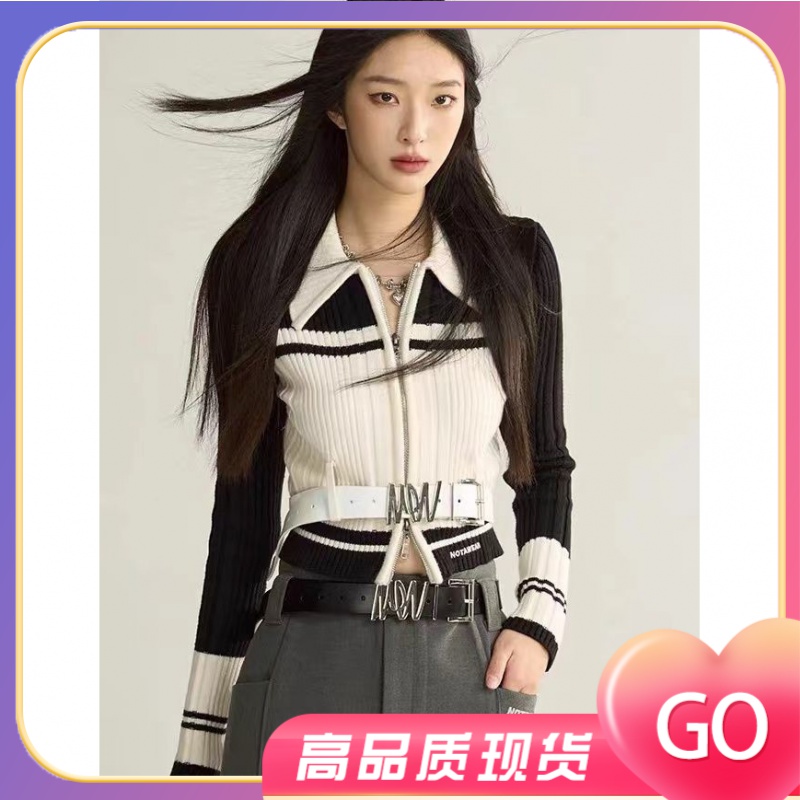 美式学院风POLO领修身针织外套女复古修身撞色高级感毛衣开衫ins