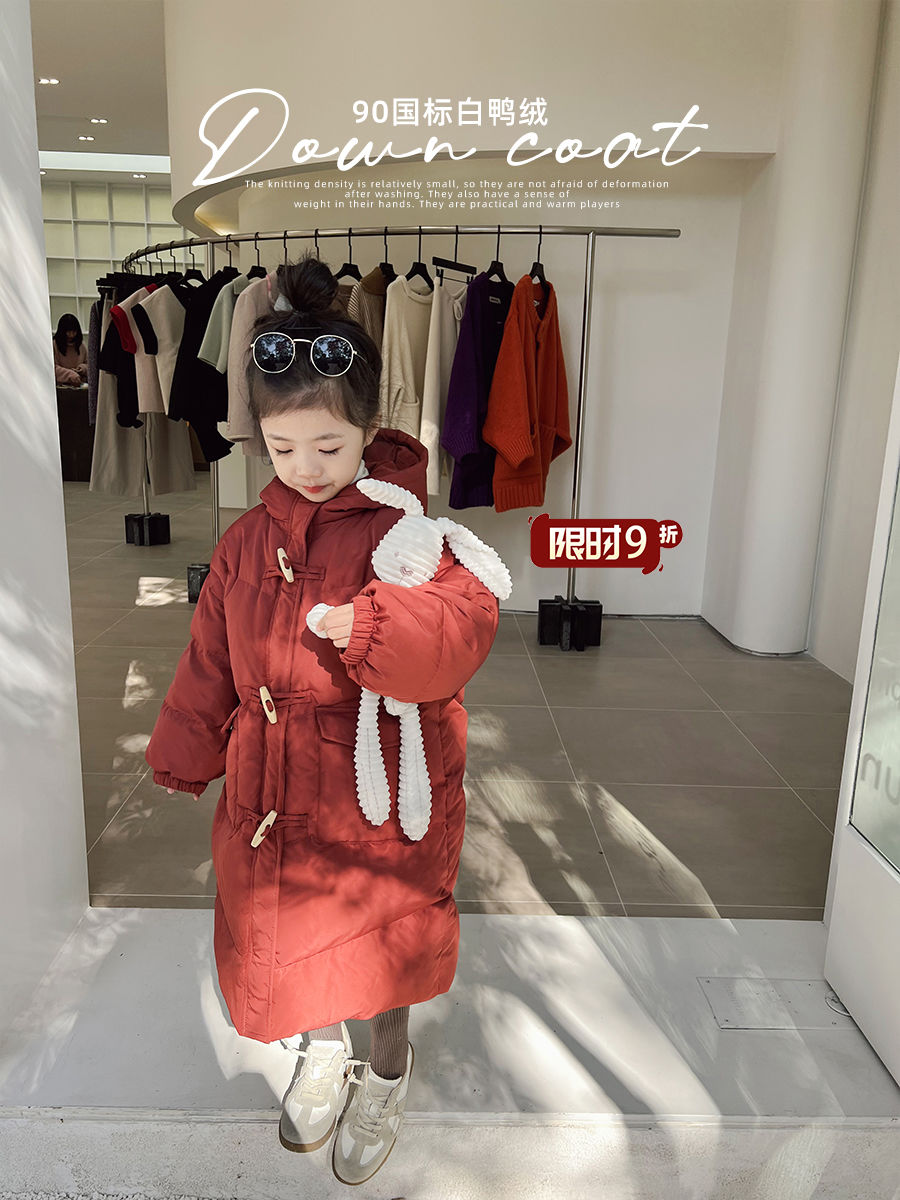 女童棉服冬装2023新款洋气儿童冬季中长款加厚保暖外套上衣红色