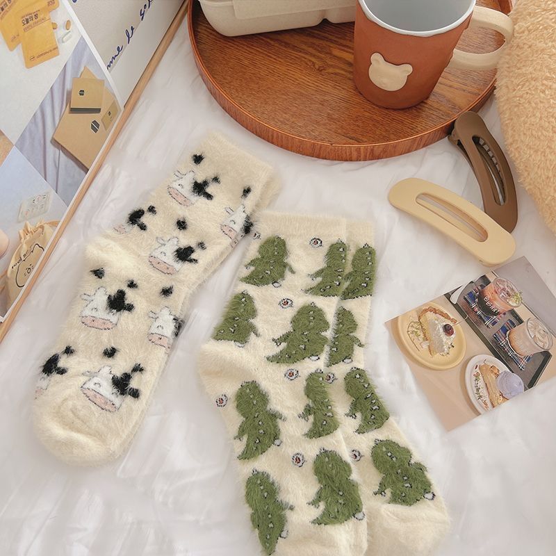 秋冬加绒加厚水貂绒袜子女保暖奶牛斑点居家可爱毛茸茸少女地板袜