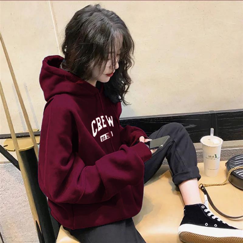 酒红色卫衣女2024新款爆款韩版连帽卫衣宽松小众上衣洋气外套潮