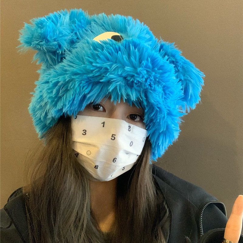 可爱搞怪风女眼睛长耳朵加厚套头帽秋冬保暖毛绒蓝色针织时尚
