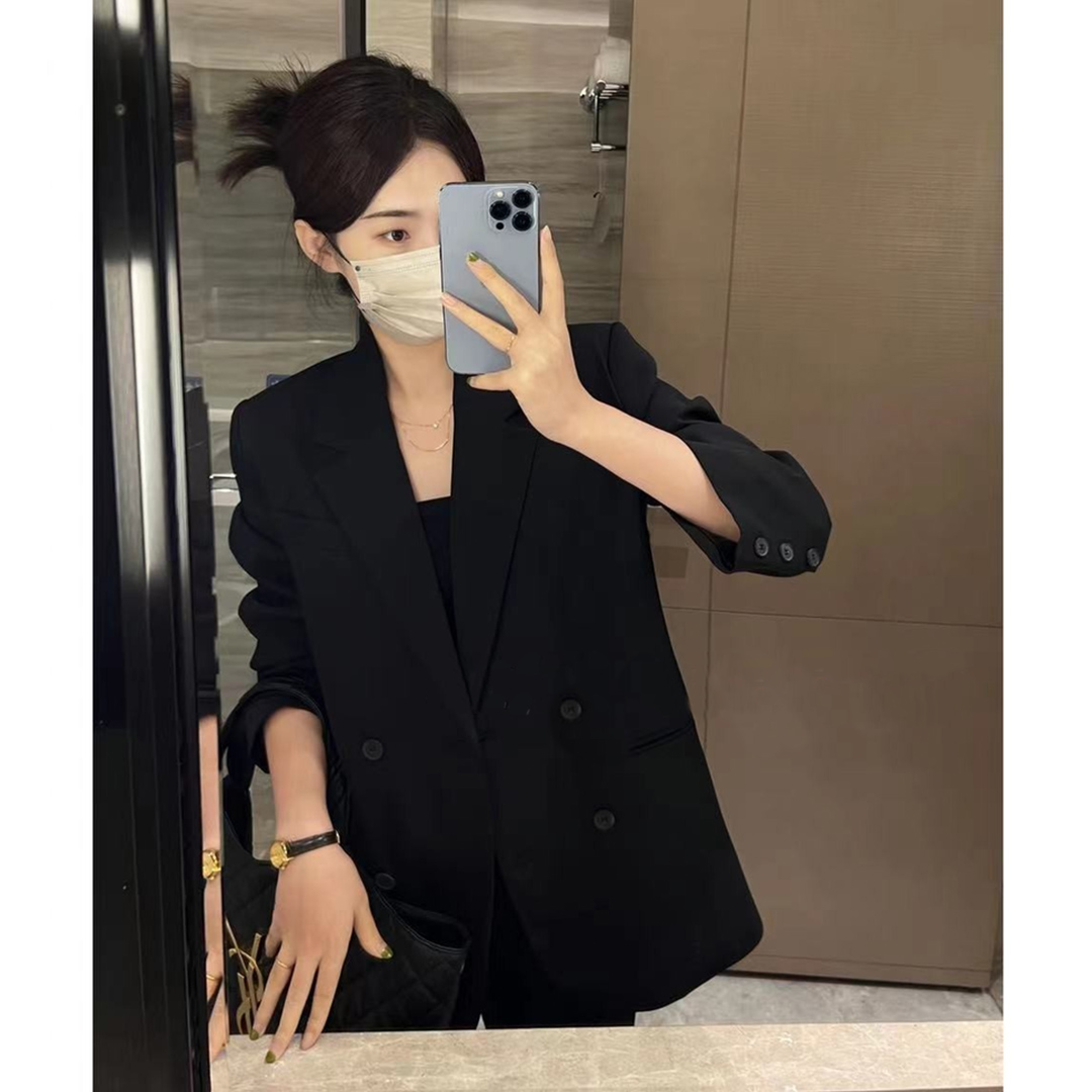 2024春季新款简约休闲宽松韩版百搭黑色西装外套女双排扣西服上衣