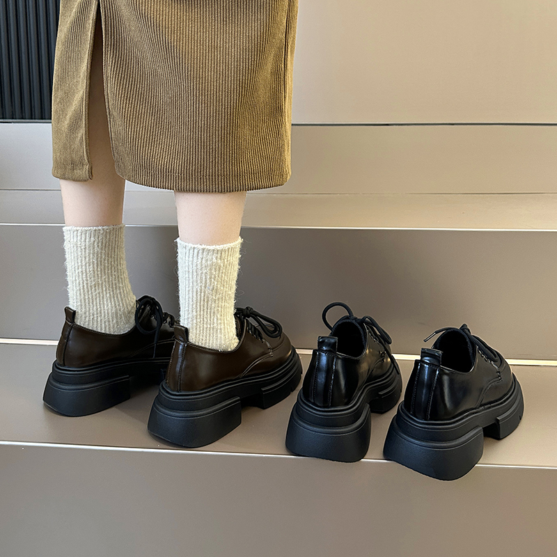 英伦风系带黑色小皮鞋女厚底乐福鞋2024新款春秋季复古增高JK单鞋