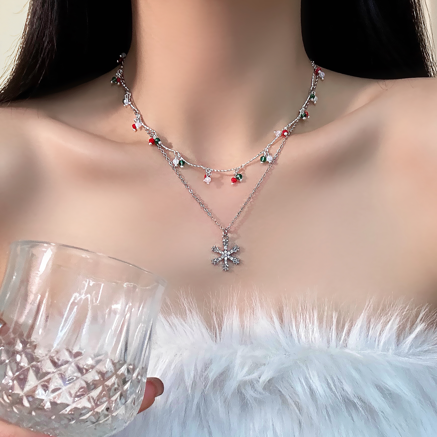 合金项链 X2519-1彩色串珠雪花时尚百搭甜美小众项链轻奢设计感
