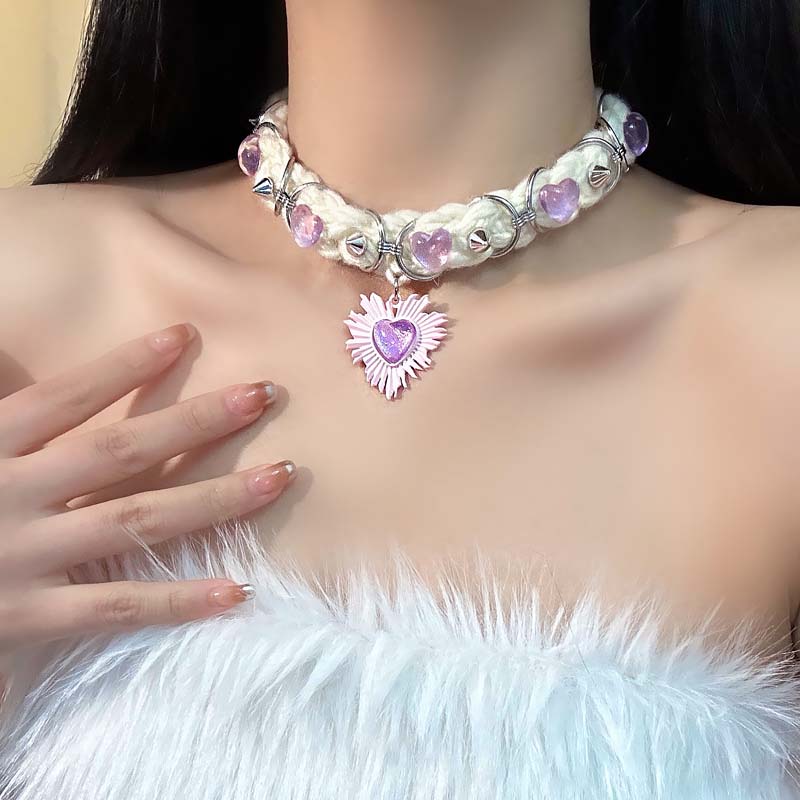 合金布艺项链 X2603-1粉色爱心甜美时尚小众个性项链潮流设计感