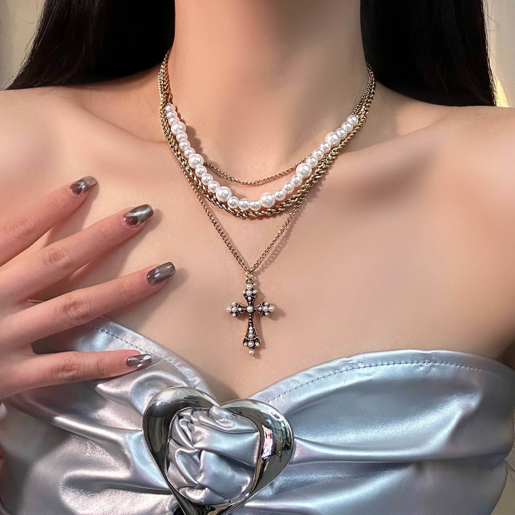合金贝珠项链 X2753-1美式巴洛克十字架项链时尚欧美轻奢设计感