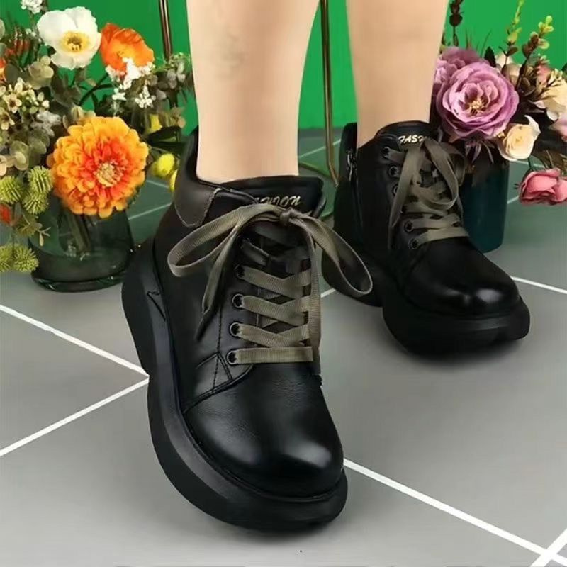 真软皮女鞋2023秋冬新款系带休闲高帮短靴女时尚百搭厚底老爹鞋