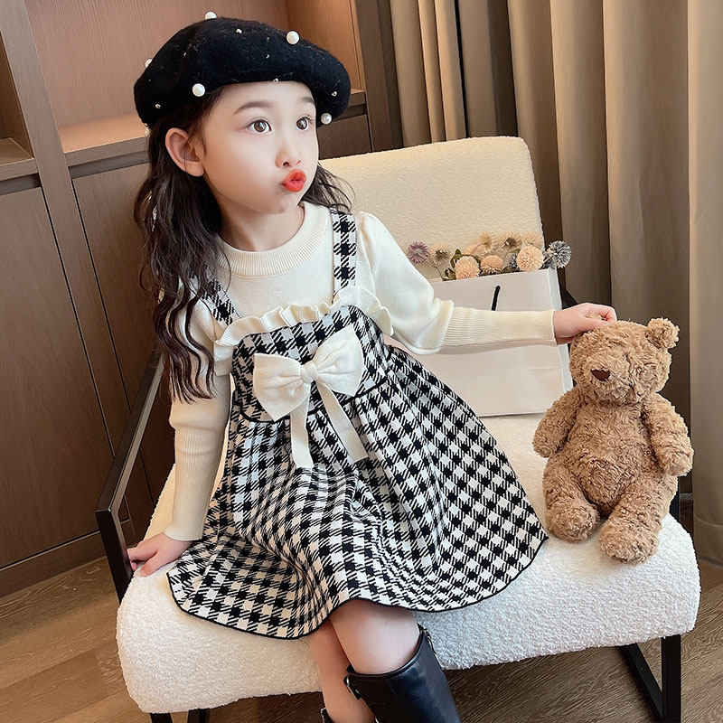 女童秋冬装2023新款洋气儿童格子毛衣裙时髦女宝宝秋季针织连衣裙