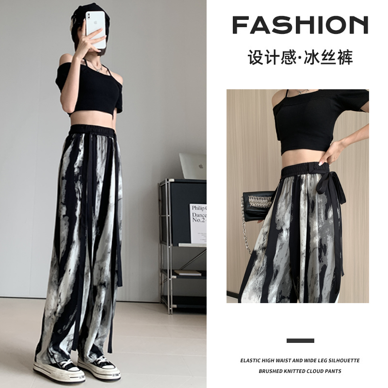 【烟雨江南】夏季薄款百搭显瘦新中式冰丝阔腿裤女透气飘带直筒裤