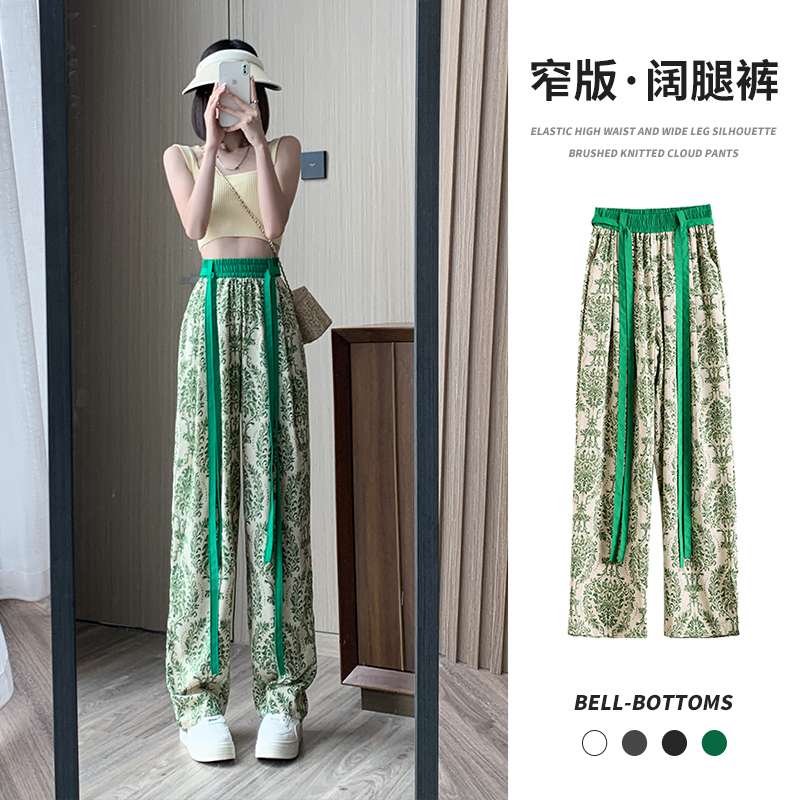 夏季欧货冰丝飘带阔腿裤女百搭薄款宽松印花显瘦透气直筒休闲裤