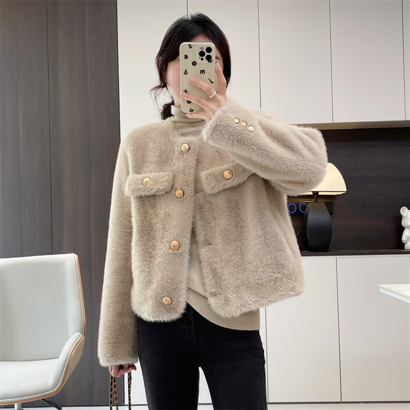 水貂绒皮毛一体外套女2023年秋冬新款羊羔毛小香风短款仿皮草上衣